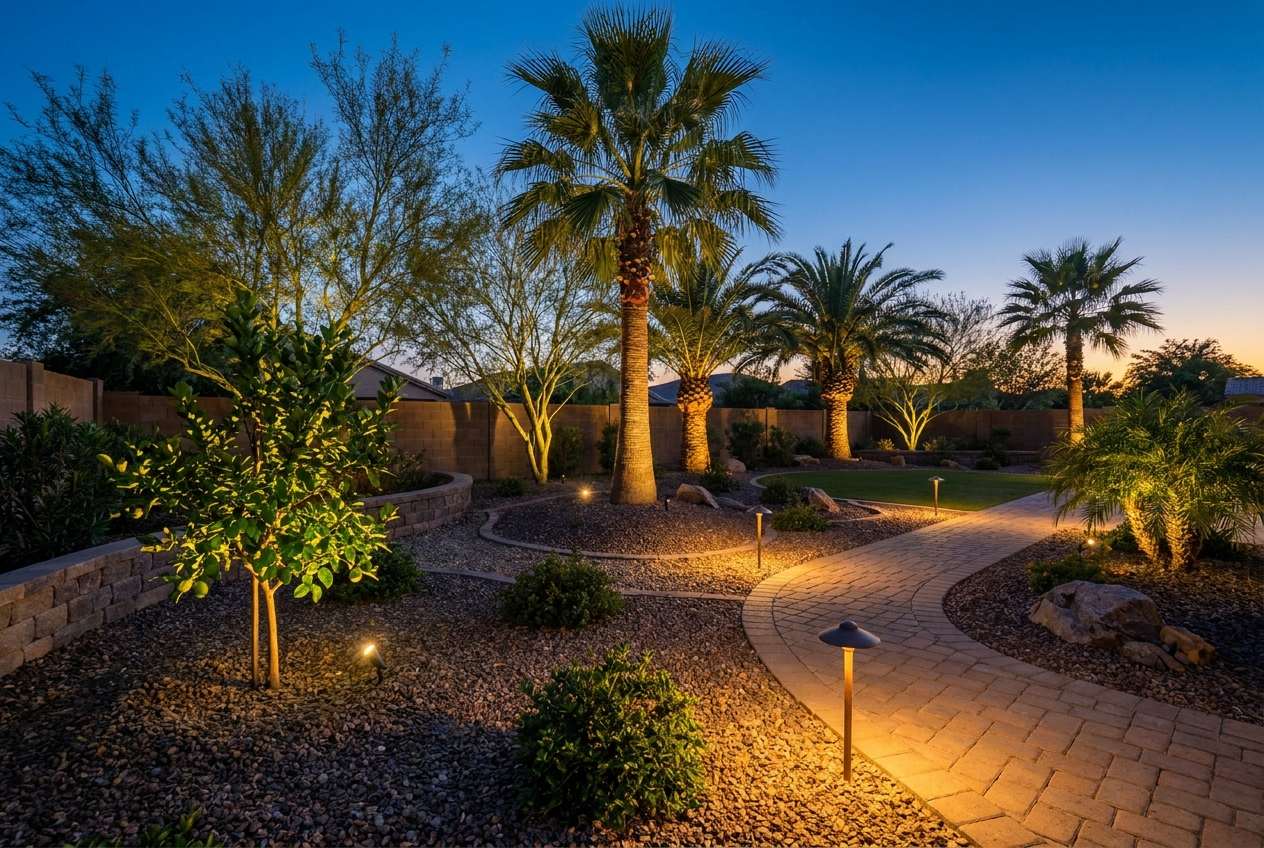 Landscape lighting at dusk in Tolleson, AZ